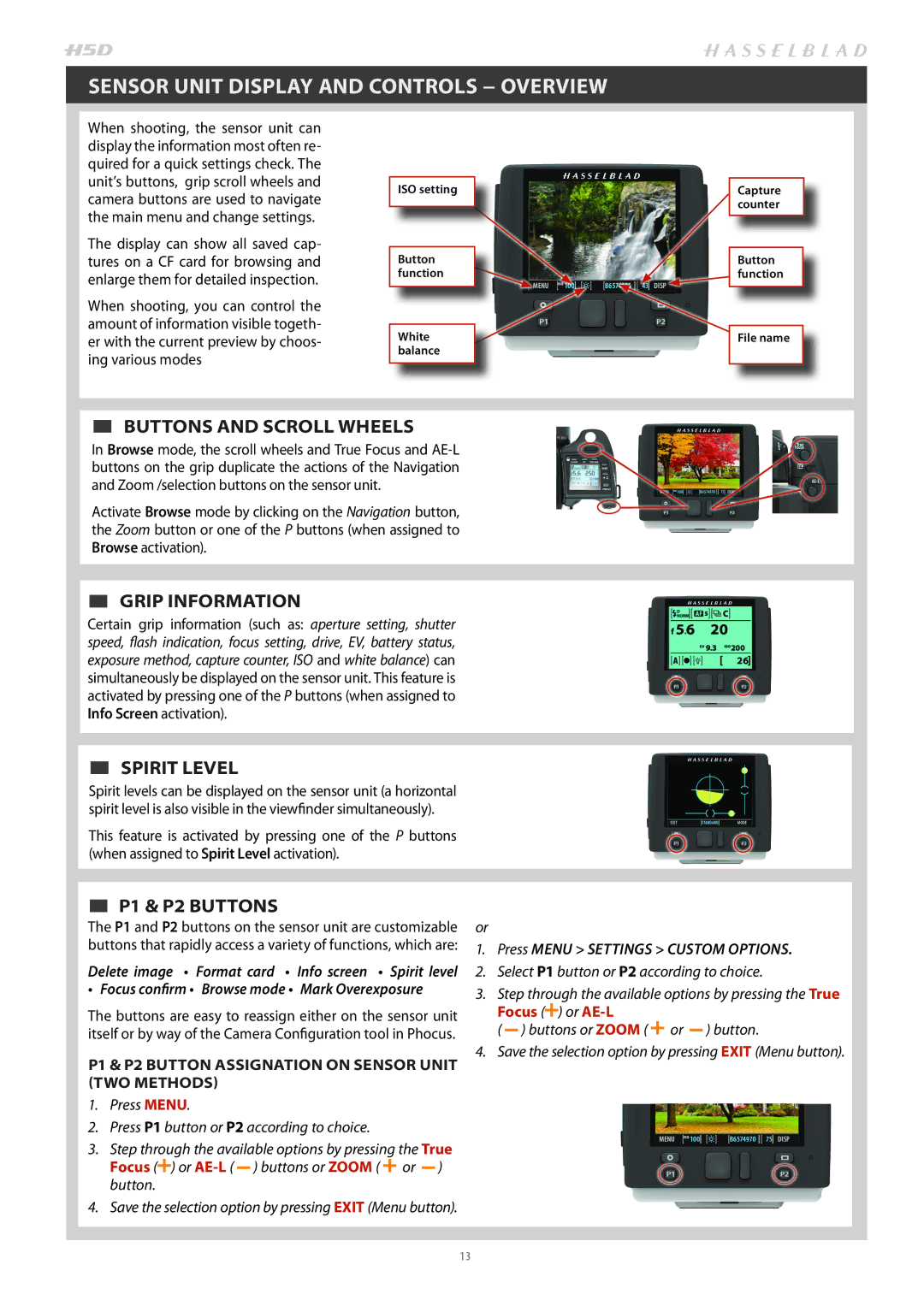 Hasselblad H4D200MS Sensor Unit Display and Controls − Overview,  BUTTONS and Scroll Wheels,  GRIP Information 